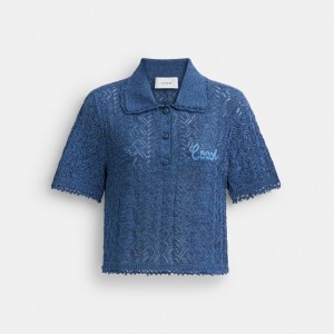 Coach Cropped Knit Polo Top Bleu Marine | COH866005