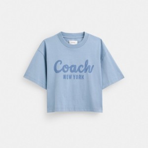 Coach Cursive Signature Cropped T Shirt Bleu | COH865993