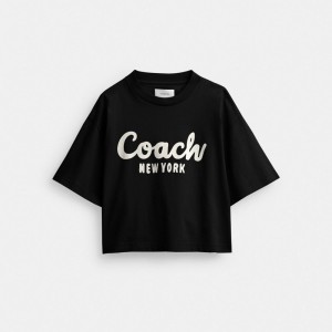 Coach Cursive Signature Cropped T Shirt Noir | COH865996
