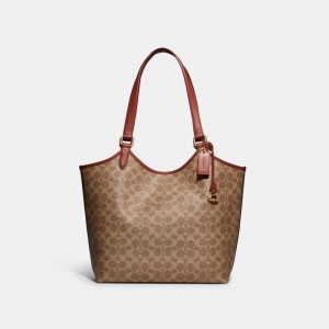 Coach Day Tote Bag In Signature Canvas Marron Rouge | COH865090