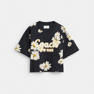 Coach Floral Cropped Signature Script T Shirt In Organic Cotton Noir | COH865998
