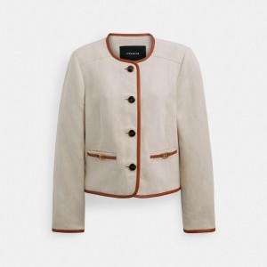 Coach Heritage C Canvas Cardigan Jacket With Leather Trim Blanche | COH865941