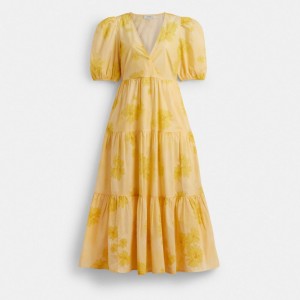 Coach Long Cotton Floral Dress Jaune | COH866067