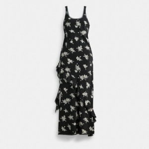 Coach Long Floral Ruffle Dress Noir Blanche Multicolore | COH866064