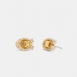 Coach Pavé Signature Turnlock Stud Earrings Doré | COH866219