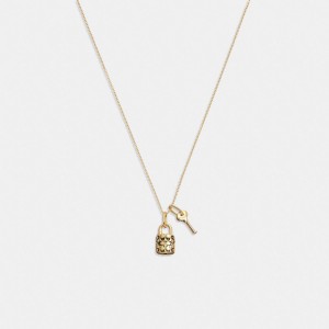 Coach Quilted Padlock Key Pendant Necklace Doré Noir | COH866100