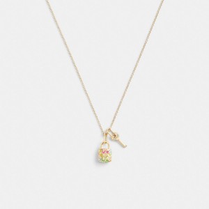 Coach Rainbow Quilted Padlock Key Pendant Necklace Doré Multicolore | COH866143