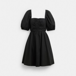 Coach Short Dress With Puff Sleeves In Organic Cotton Noir | COH866068