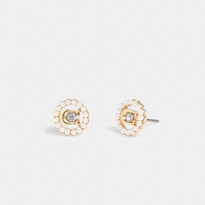 Coach Signature Crystal Pearl Stud Earrings Doré | COH866154