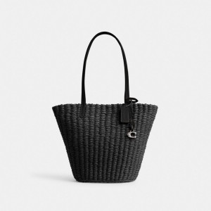Coach Small Straw Tote Argent Noir | COH865058