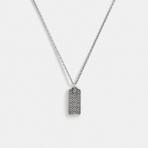 Coach Sterling Silver Quilted Hangtag Long Pendant Necklace Argent | COH867029