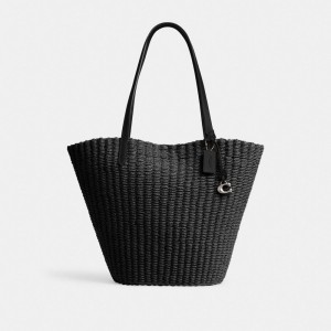Coach Straw Tote Argent Noir | COH865087