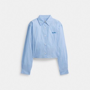 Coach Striped Cropped Button Up Shirt Bleu Multicolore | COH865981