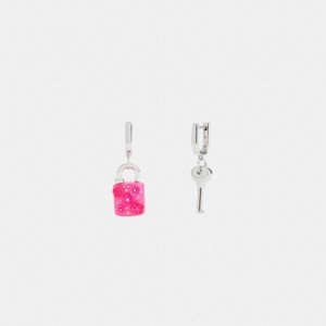 Coach Tea Rose Padlock And Key Mismatch Huggie Earrings Argent Rose | COH866215