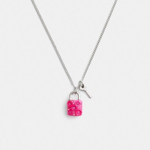 Coach Tea Rose Padlock And Key Pendant Necklace Argent Rose | COH866212