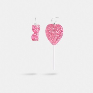 Coach The Lil Nas X Drop Cat And Heart Lollipop Mismatch Earrings Argent Rose | COH866114