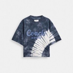Coach Tie Dye Cursive Signature Cropped T Shirt In Organic Cotton Bleu Marine Multicolore | COH866006
