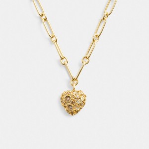 Coach Vintage Heart Pendant Chain Link Necklace Doré | COH866168