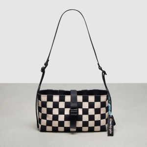 Coach Woven Checkerboard Shoulder Bag With Webbing Noir Blanche | COH864802