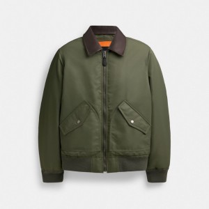 Coach Woven Jacket With Leather Collar Vert | COH866862